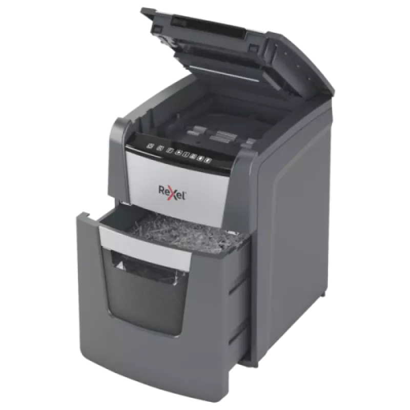 Rexel Optimum AutoFeed+ 100X trituradora de papel, corte em partículas P-4 4x28 mm, 100 folhas, cesto de 34 L