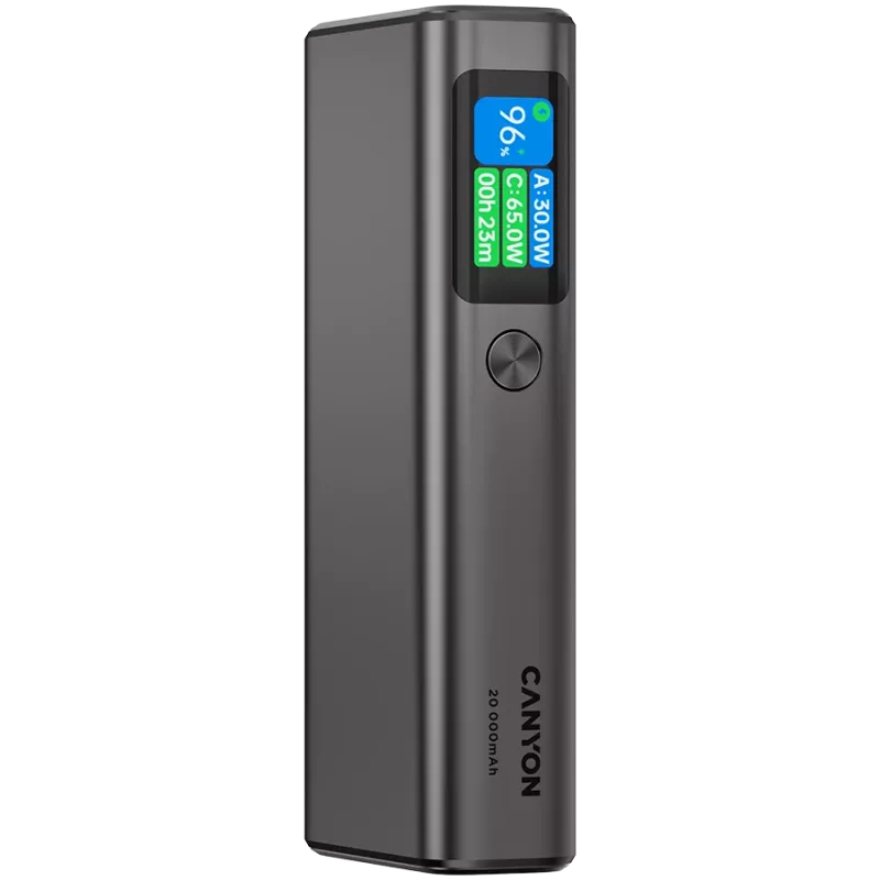 Canyon OnPower 230 TFT bateria externa, 20000 mAh, PD 130 W, 2x USB-C + USB-A, caixa metálica, cinzento escuro