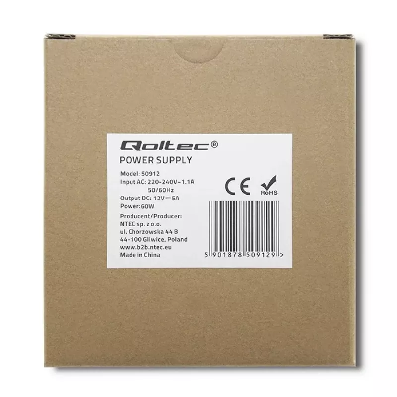 Fonte de alimentação para calha DIN Qoltec | 60W | 12V | 5A | branco | slim