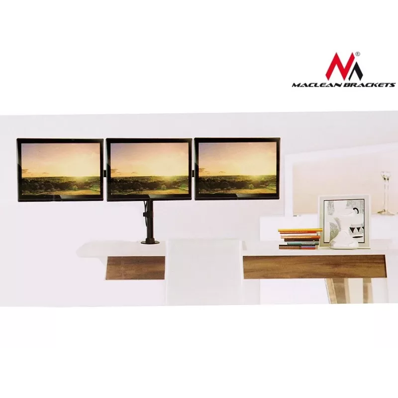 Suporte de mesa para monitor MACLEAN MC-691 para 3 monitores – ajustável em altura e inclinável