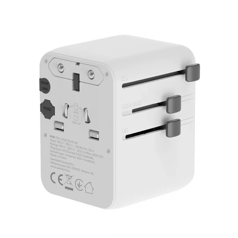 Gembird TPA-2A3C70-01-W adaptador de alimentação de viagem universal, 3x USB-C, 2x USB-A, 70 W, GaN, branco
