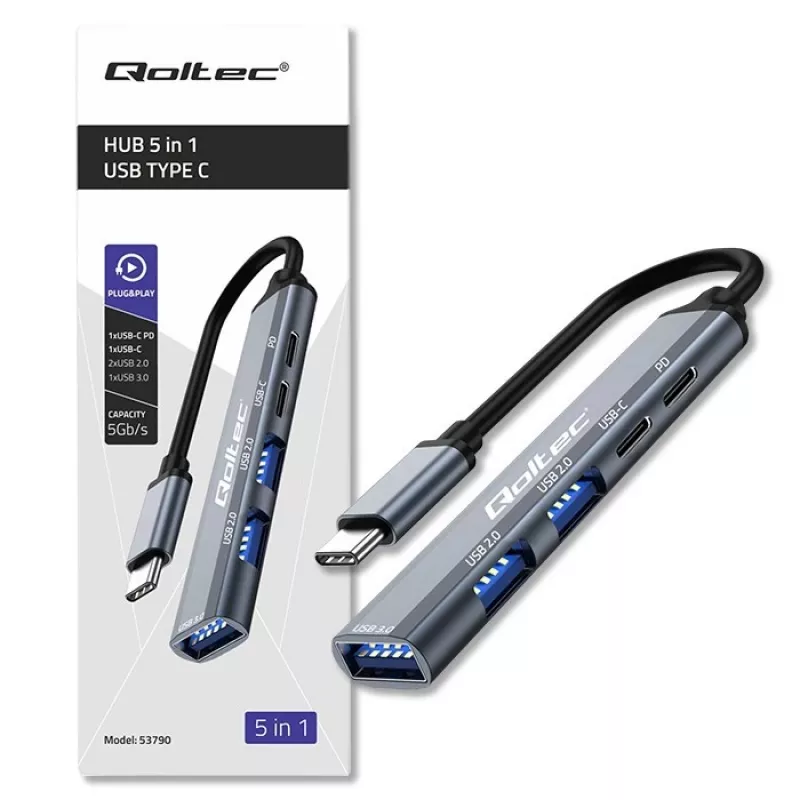 Qoltec 53790 Hub adaptador USB-C 3.1 5em1 | USB-C PD | USB-C | 2x USB 2.0 | USB 3.0