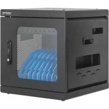 Armário de carregamento para portáteis Manhattan Desktop via adaptador AC (EU) 10 compartimentos, instalar o adaptador AC (cabo de alimentação) do dispositivo na unidade, adequado para TODOS os portáteis (até 15,6 polegadas), iPads, MacBooks, Chromebooks, outros dispositivos USB-C, compartimentos 380x30x280mm, carrinho, ficha bloqueável