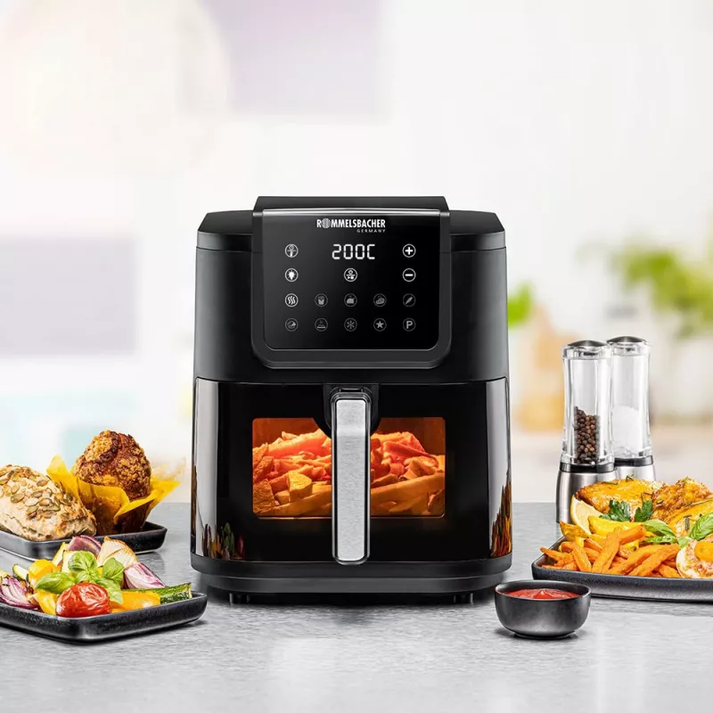 Fritadeira de ar quente Rommelsbacher FRH 1700 Single 8 L aparelho de bancada 1700 W com 10 programas e visor LED