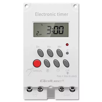 Temporizador eletrónico para calha DIN QOLTEC PC0629 — alimentação 24V, saída 16A