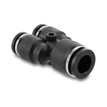 Conector pneumático em Y DELOCK 2×8 mm → 1×10 mm com orifício de fixação, metal/plástico, 44 mm