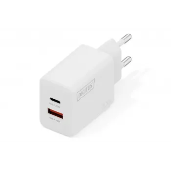 Carregador USB de parede DIGITUS 20W, 1x USB-C, 1x USB-A, entrada 100–240V, branco