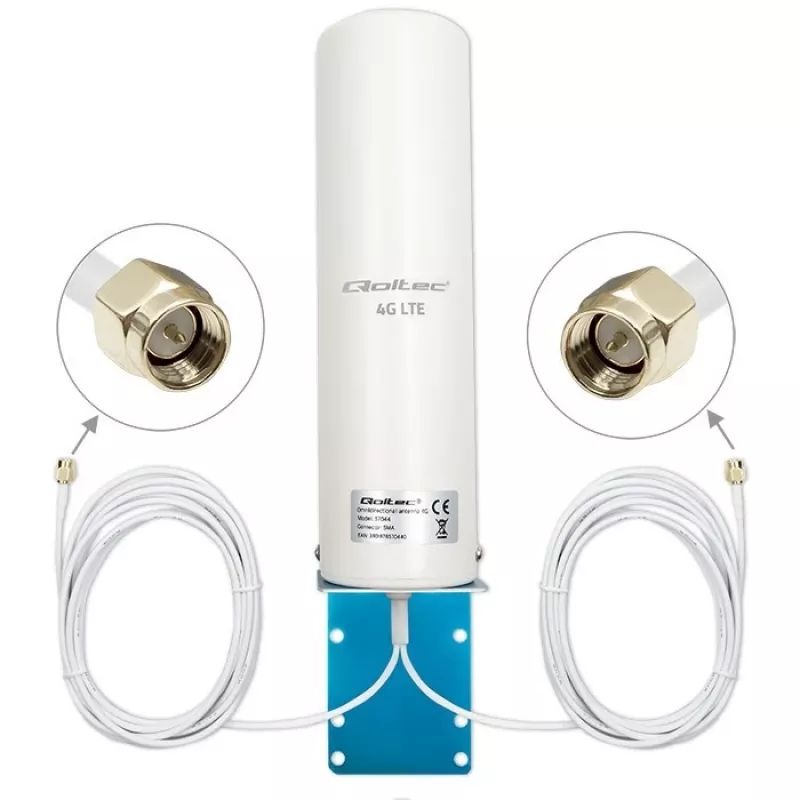 Antena 4G LTE omnidirecional exterior QOLTEC 57044, 5 dBi, 600–2700 MHz, 50 W, 50 Ω, caixa de cobre branca
