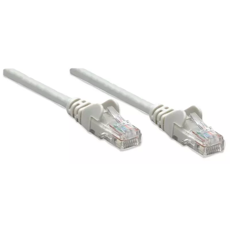 Cabo de patch de rede Intellinet, Cat6, 0,5 m, cinzento, CCA, U/UTP, PVC, RJ45, contactos banhados a ouro, proteção da patilha, proteção anti-dobra moldada, garantia vitalícia