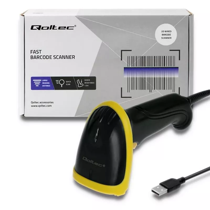 Qoltec 50867 leitor laser de códigos de barras 1D/2D, USB, preto