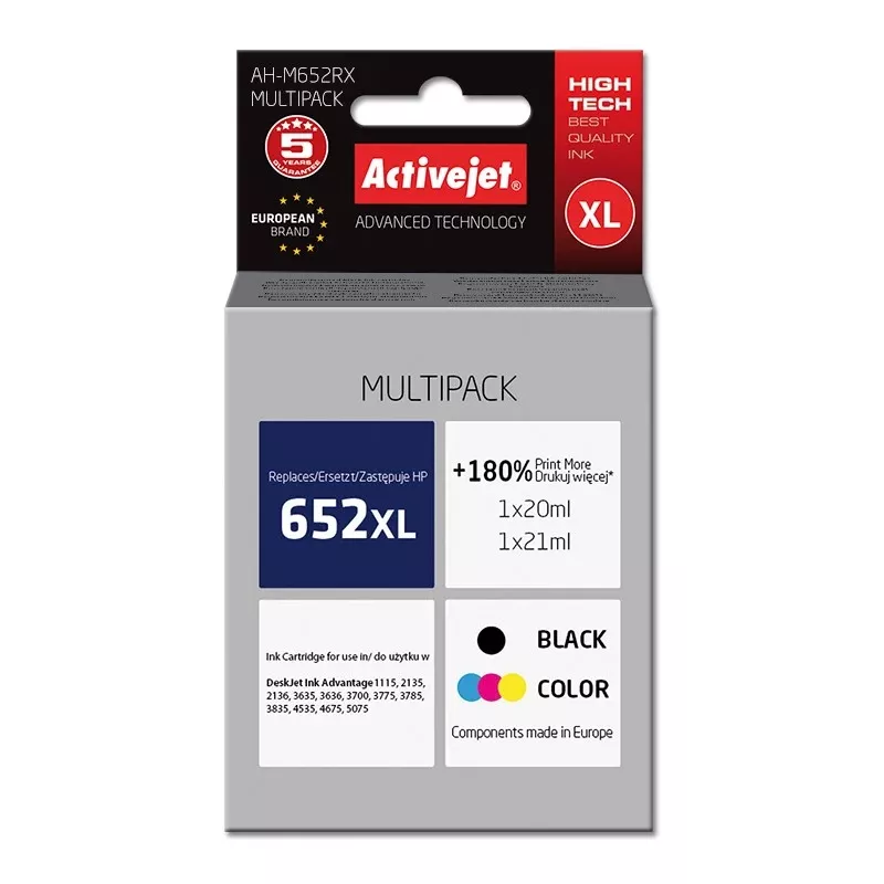 Tinta Activejet AH-M652RX (substitui HP 652 F6V25AE/F6V24AE; Premium; 1 x 20 ml, 1 x 21 ml; preto, cor)