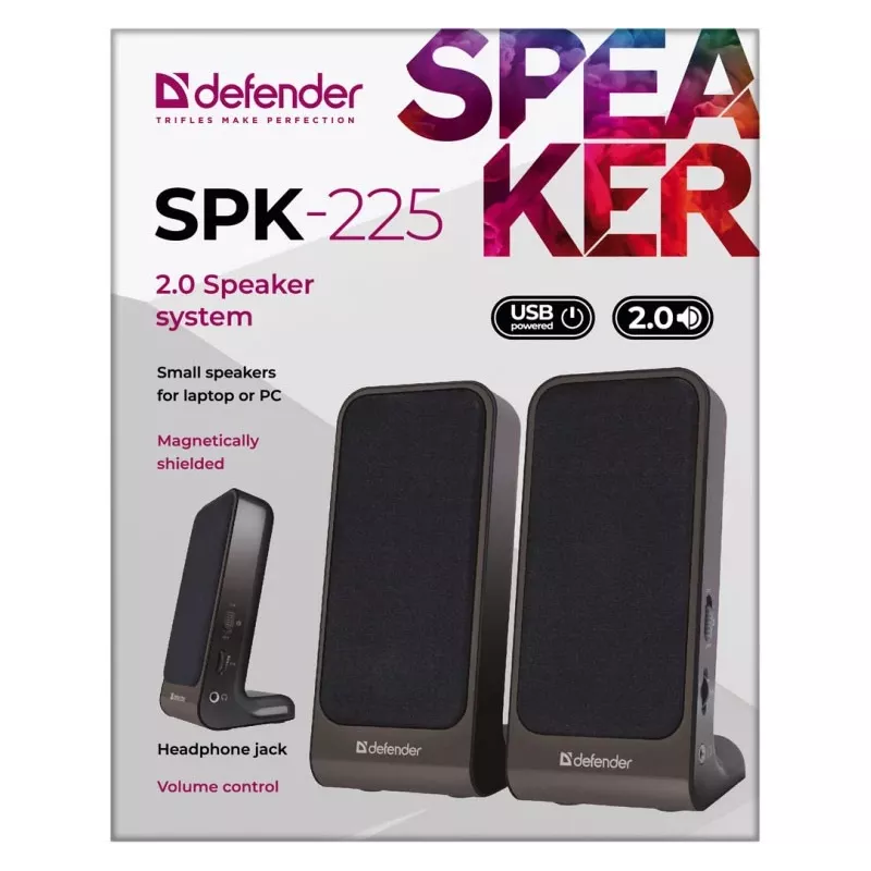 Altifalantes DEFENDER SPK-225 com fios 2.0, 4 W RMS, USB/DC 5 V, 3,5 mm, preto