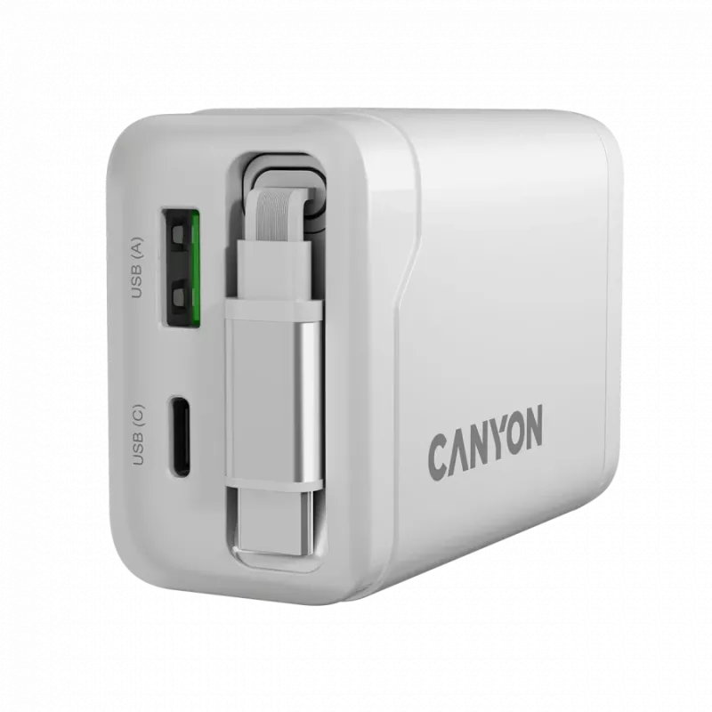 Carregador CANYON OnCharge 65RC com cabo USB-C integrado 65W, 1x PD, 1x QC, ficha EU, branco