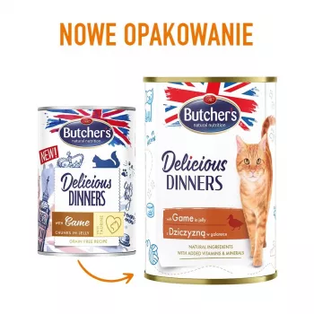 Comida húmida para gatos butcher's Delicious Dinners 400 g — Adulto, sabor a caça, 82 % humidade, 8,5 % proteína, 5,5 % gordura
