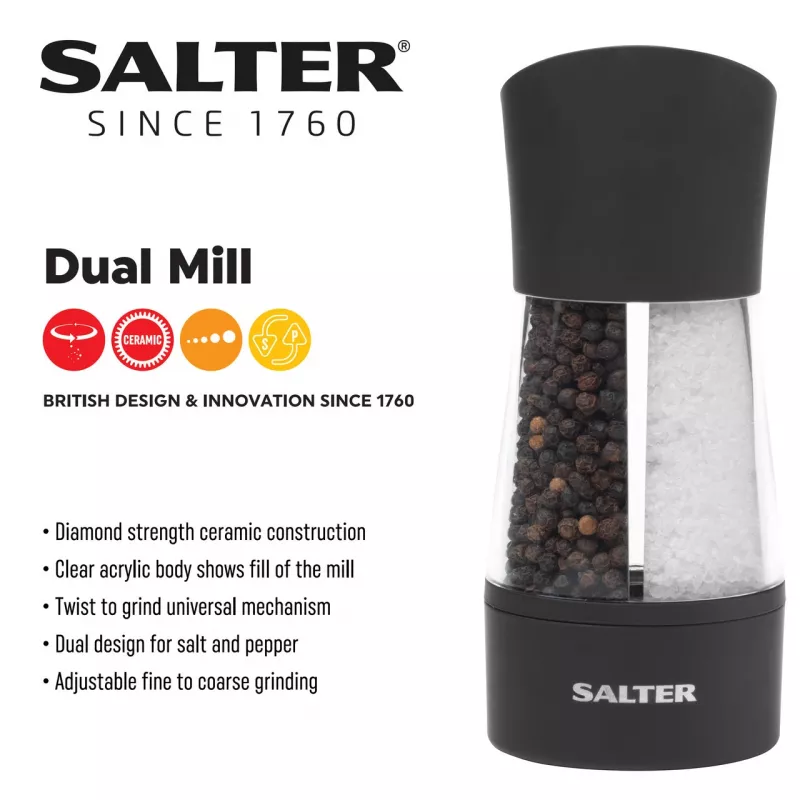 Moinho de sal mecânico Salter 7612 BKXRAUP aço inoxidável moagem ajustável