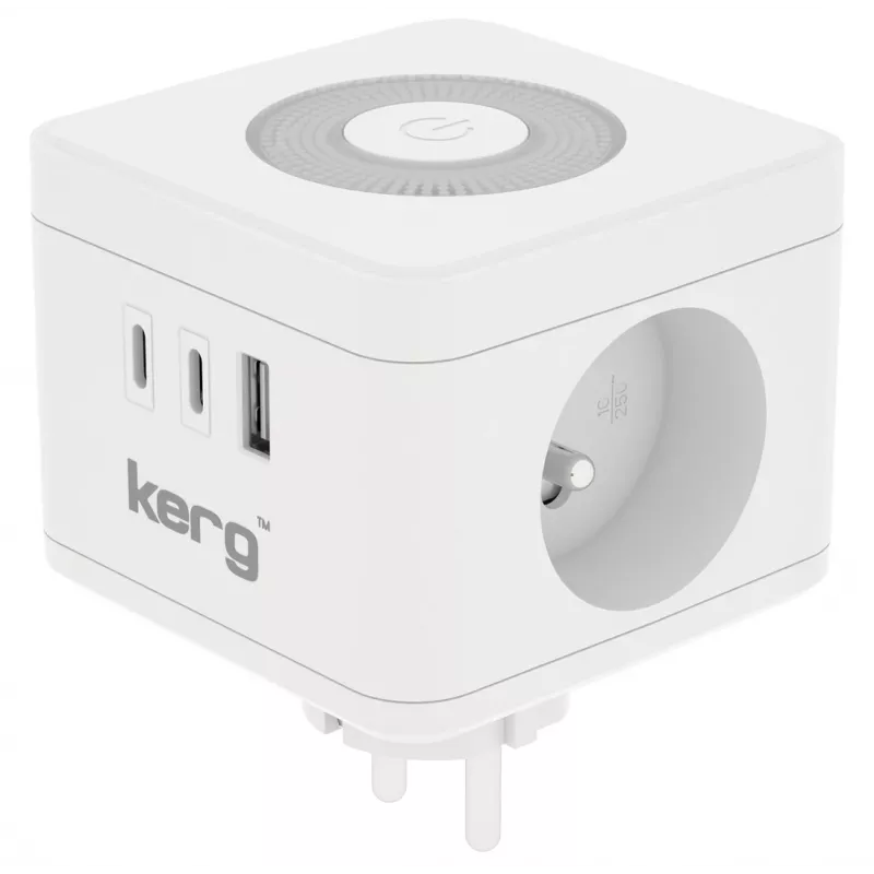 Extensão elétrica Kerg M02730 — 2 tomadas tipo F, 3 portas USB (USB-A + USB-C), 16 A 250 V~, cabo 1,5 m, branco