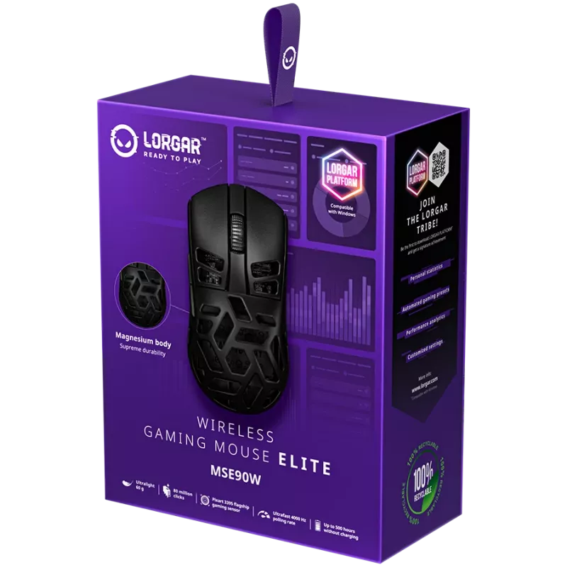 LORGAR MSE90W, rato gaming sem fios Elite em liga de magnésio, preto