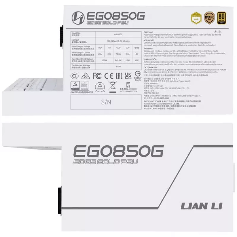 Fonte de alimentação Lian Li EDGE GOLD 850 80 PLUS Gold, PCIe 5.1, ATX 3.1 - 850 Watt, branco