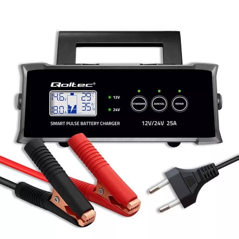 Carregador de bateria QOLTEC 52514 — 12V/24V, 25A, para baterias AGM/GEL/SLA com visor LCD