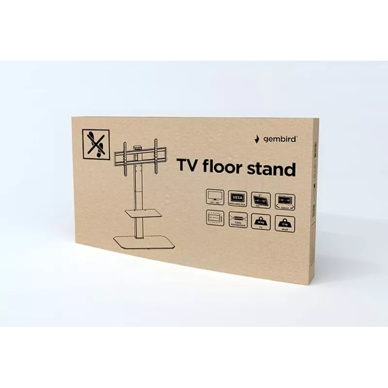 Suporte de TV de chão GEMBIRD TVS-86ST-01 para televisores de 43–86 polegadas, preto, base em vidro temperado, VESA 100x100–600x400, máx. 60 kg