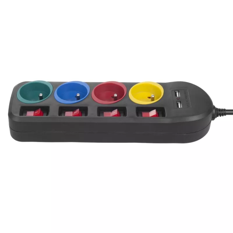 Extensão elétrica MACLEAN MCE229B — 4 tomadas AC, 2× USB-A, cabo de 1,5 m, 10 A, tipo F, interior, preto