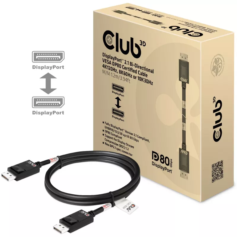 Club 3D CAC-1091 cabo DisplayPort 2.1, certificado VESA DP80, bidirecional, 4K120Hz / 8K60Hz / 10K30Hz, macho/macho, 1,2 m