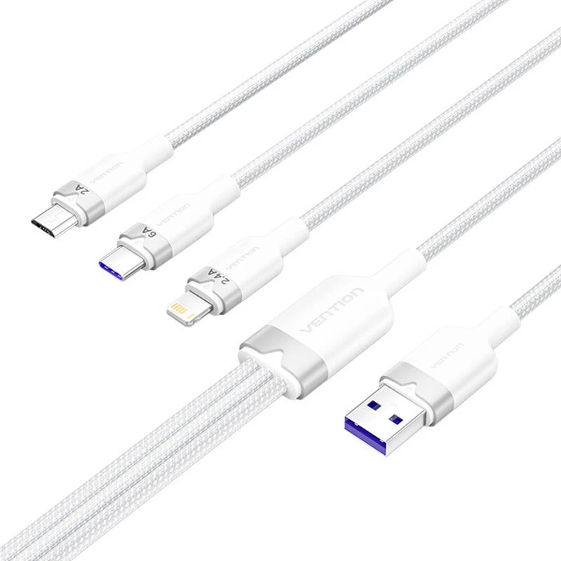 Cabo USB 2.0 A para 3-em-1 6A Vention CTRWG 1,5 m branco