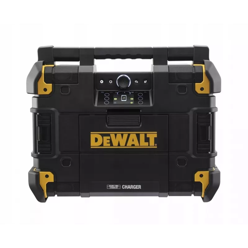 Rádio portátil DeWalt DWST1-81078-QW — sintonizador digital AM/FM, ecrã LED, 4 altifalantes, funcionamento AC/DC, porta USB, saída AUX