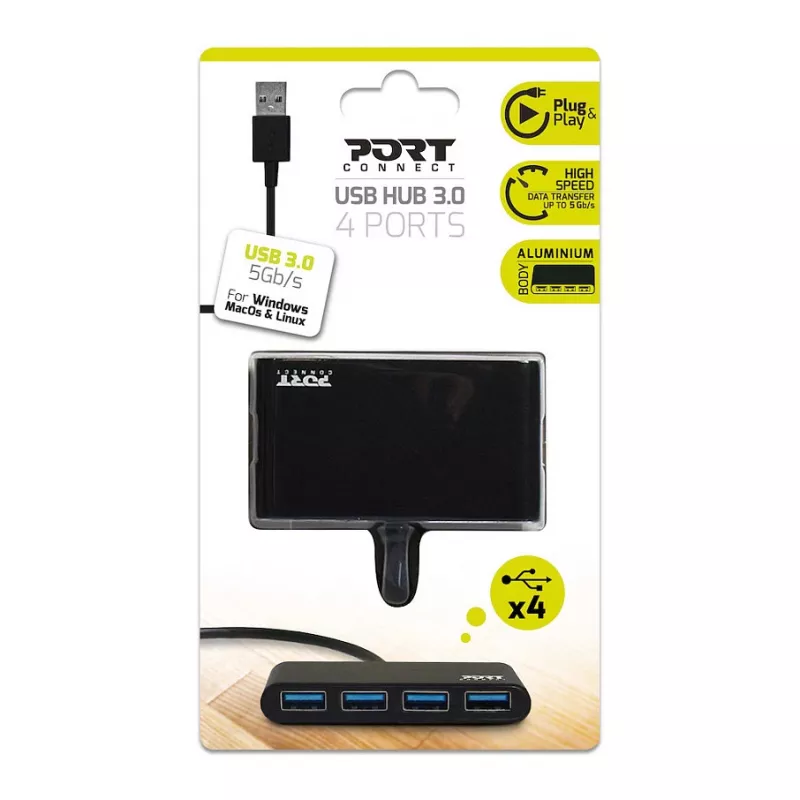 Hub USB Port Designs 900121 USB 3.2 Gen 1 Type-A 5000 Mbit/s preto