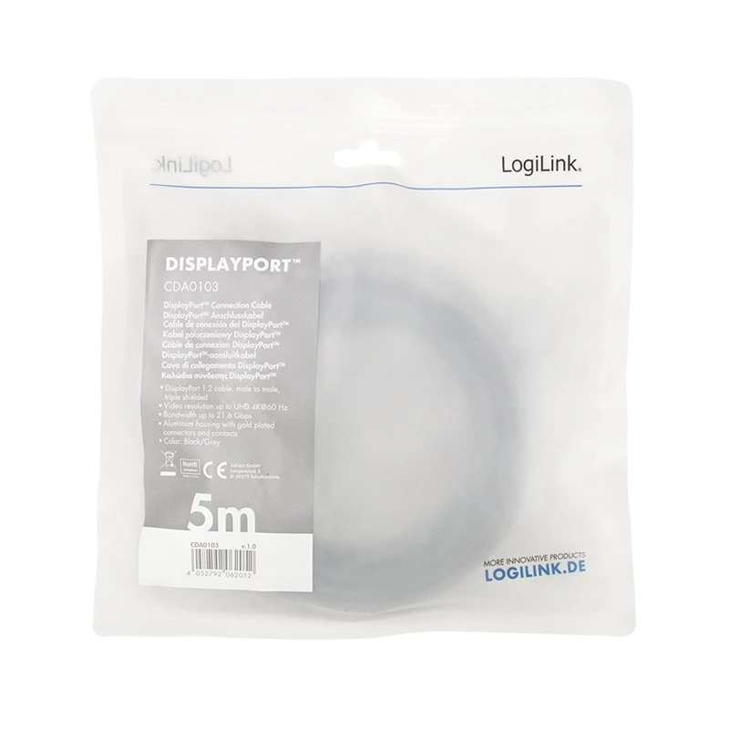 Logilink - Cabo DisplayPort - DisplayPort (M) para DisplayPort (M) - DisplayPort 1.2 - 5 m - Suporte de 4K 60 Hz, suporta 2K 165 Hz (2560 x 1440)