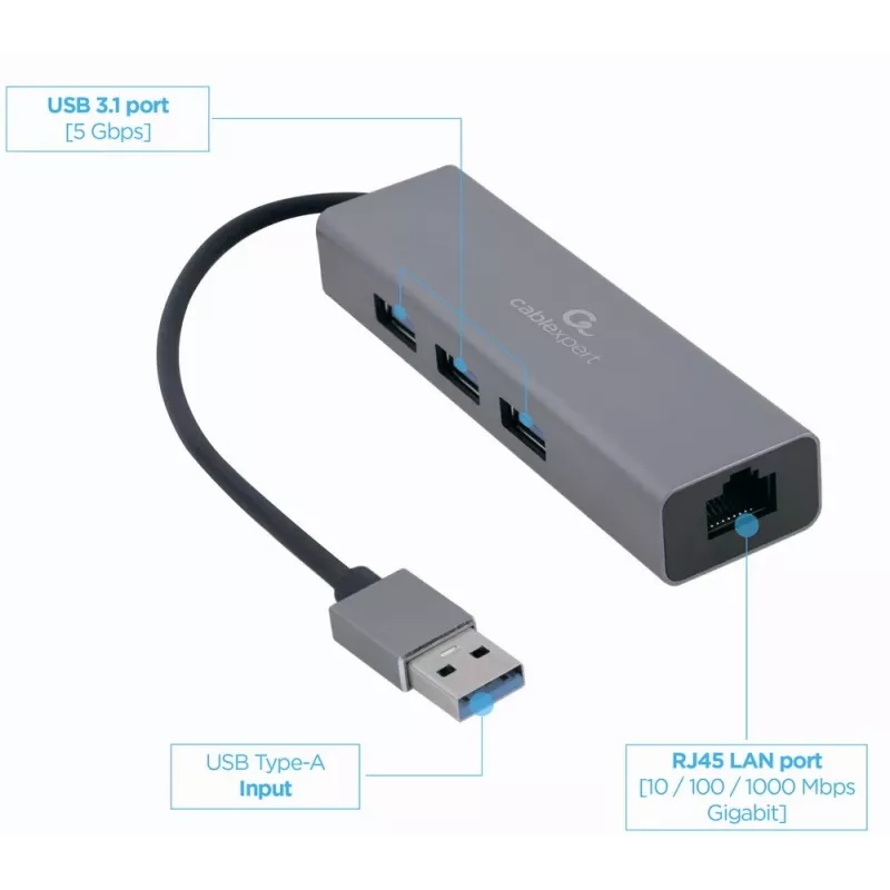 Gembird A-AMU3-LAN-01 adaptador USB-A para Gigabit LAN com hub USB 3.0 de 3 portas, preto