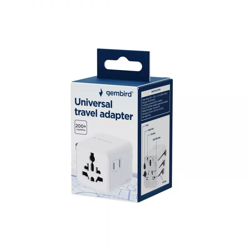 Adaptador de viagem universal GEMBIRD TPA-INT-01-W — entrada 100–250 V, ficha Type-G, dimensões compactas 84×56×85 mm