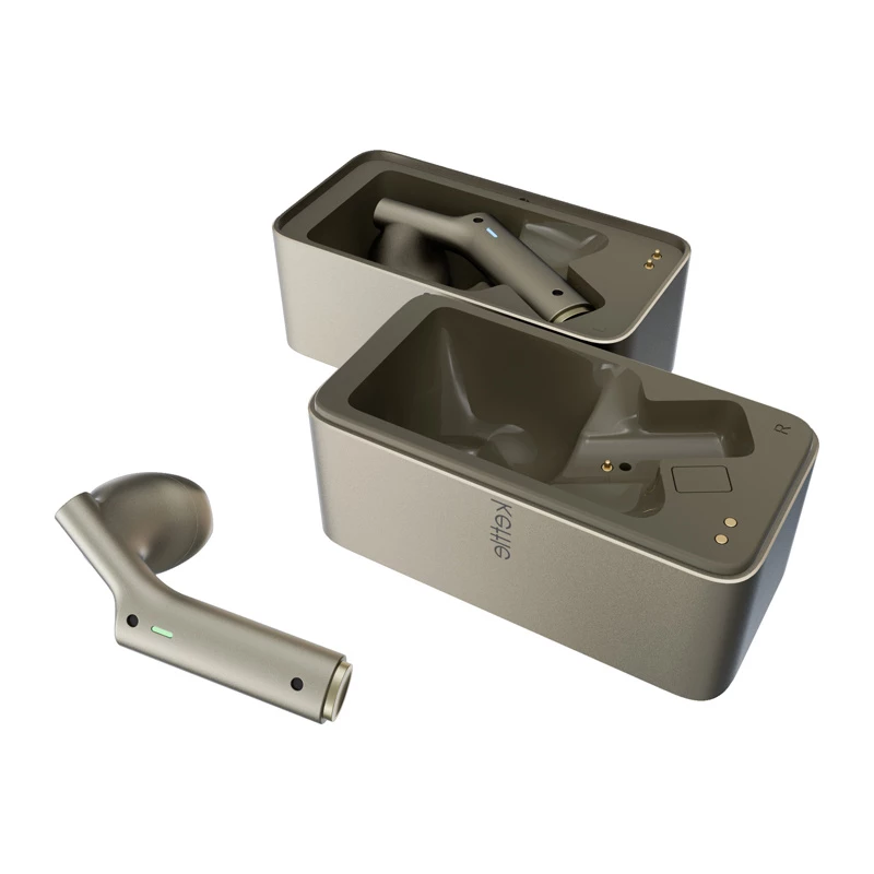 Tradutor In-Ear Timekettle W4 AI dourado — auscultadores de interpretação simultânea