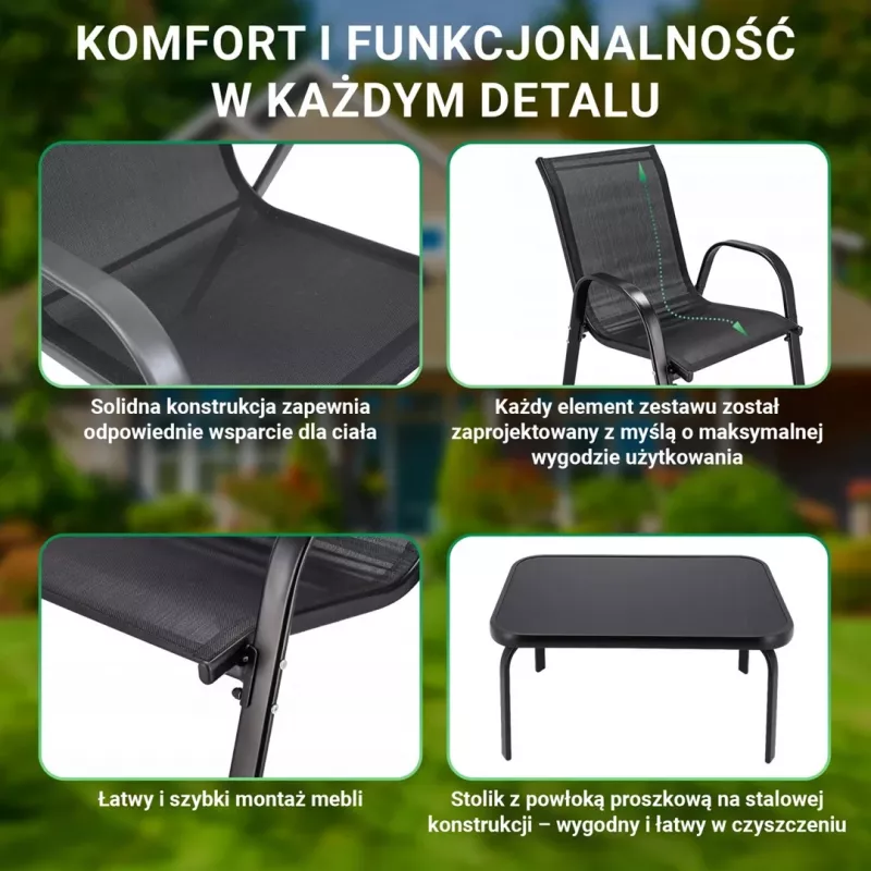 Conjunto de jardim Extralink Black Forest, têxtil duas cadeiras + mesa preta