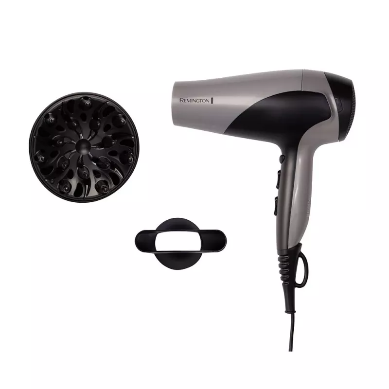 Secador de cabelo Remington D3190S — 2200 W, iónico, 3 níveis de temperatura, 2 velocidades, jato de ar frio, difusor e concentrador (prateado/preto)