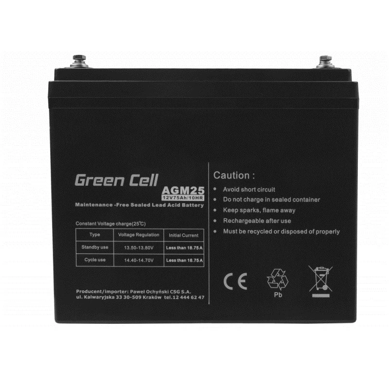 Bateria UPS de chumbo-ácido selada Green Cell AGM25 12 V 75 Ah, VRLA, 75 Ah, 12 V, 21,3 kg