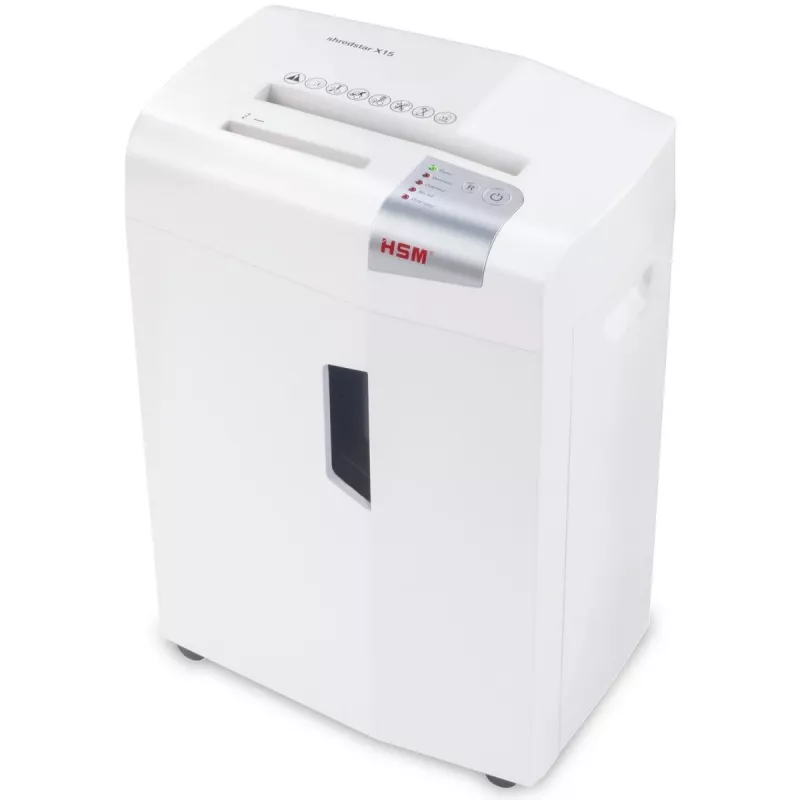 HSM shredstar X15 1030121 destruidora de papel, corte em partículas 4x37 mm, P-4, 15 folhas, largura de entrada 230 mm, cesto de 26 l, CD/cartões de crédito
