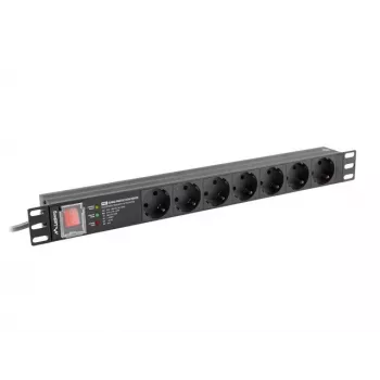 Unidade de distribuição de energia LANBERG PDU-PRO-07F-0200-BK — PDU de rack 1U, 7 tomadas Type-F, 16 A, cabo de 2 m, preto