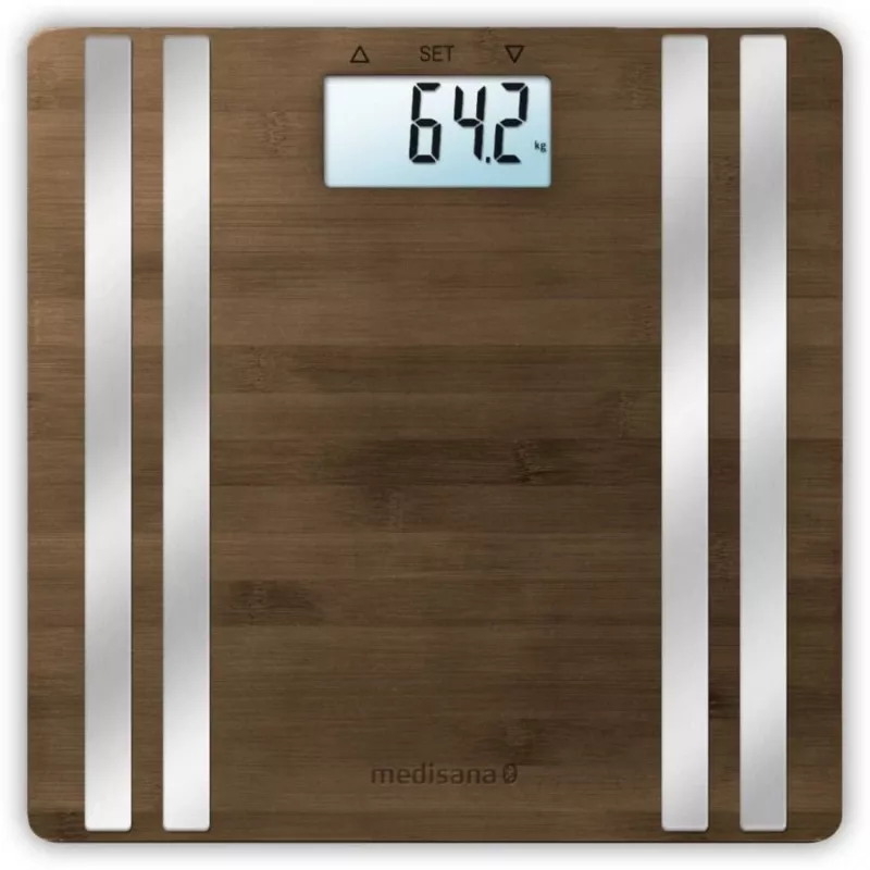 Balança de pessoa eletrónica Medisana BS 552 — cor prateada com superfície de bambu, máx. 180 kg, precisão de 100 g, Bluetooth, IMC, composição corporal