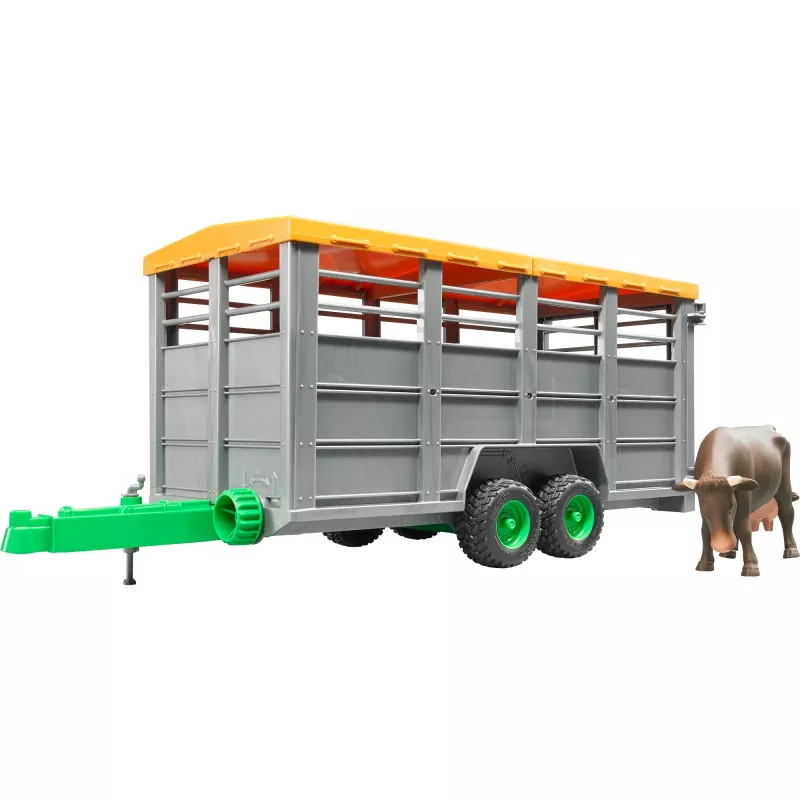 Reboque de gado com 1 acessório modelo de vaca, BRUDER, escala 1:16, plástico, verde/cinzento