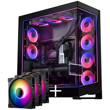 Caixa PHANTEKS NV Series NV7 E-ATX, vidro temperado, ARGB - preta & ventoinhas M25 Gen2 PWM D-RGB pack de 3 - Reverse Blade, 140 mm + kit DRGB