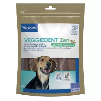 Snacks dentários para cães adultos VIRBAC VEGGIEDENT ZEN M, guloseimas de higiene dentária vegetais, tamanho médio