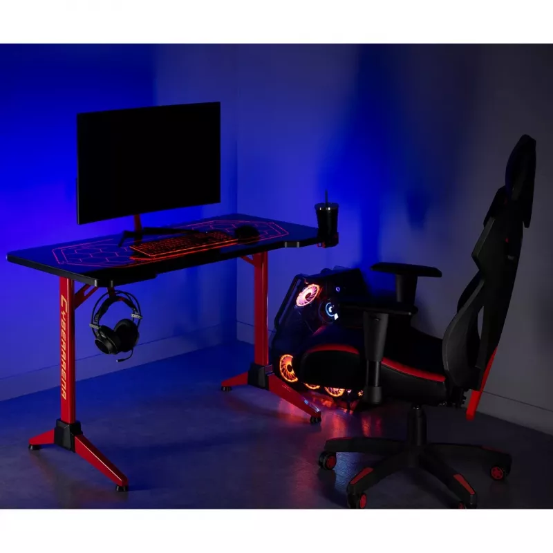 Secretária gaming MACLEAN RS163 RGB LED, grande superfície de trabalho, carga máx. 100 kg, altura máx. 760 mm