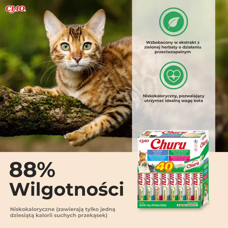 Snacks de comida húmida INABA Churu caixa sortida — atum, 40 × 14 g saquetas de pasta, sem cereais, sem glúten
