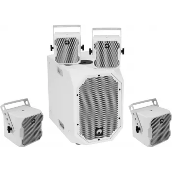 Conjunto de altifalantes ativos Omnitronic BOB-10A ws com 4x BOB-4 ws — altifalante principal ativo com quatro altifalantes satélite