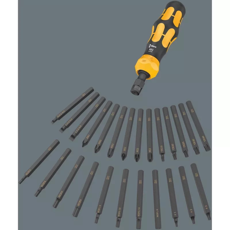 Wera 05018110001 Kraftform Kompakt 900 Set 1 conjunto de chaves de fendas com chave de fendas de impacto e pontas, 19 peças, 1/4", preto/amarelo
