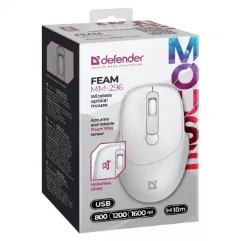 Rato sem fios DEFENDER 52297 Silent Click – ambidestro, 2,4 GHz Nano-USB, 1600 DPI, branco