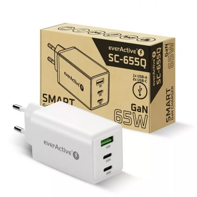Carregador everActive SQ-655Q 65W, 1×USB-A + 2×USB-C carregamento rápido