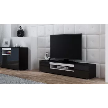 Suporte de TV cama meble VIVA 180 — 1800×400×370 mm, tampo superior preto (aglomerado), estrutura preta, detalhes brancos
