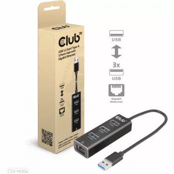 Hub USB CLUB3D USB 3.2 Gen1 Type-A com 3 portas e Gigabit Ethernet